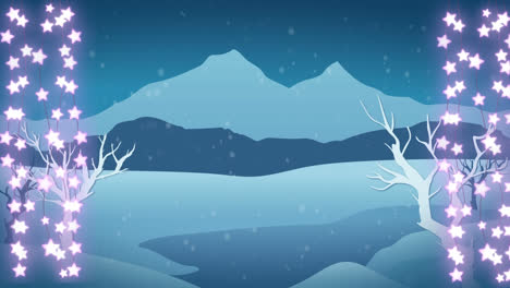 Animation-of-christmas-glowing-strings-of-fairy-lights-with-winter-scenery-and-snow-falling