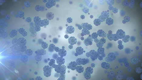Animation-Von-Covid-19-Zellen,-Die-Auf-Einem-Flackernden-Blauen-Hintergrund-Schweben
