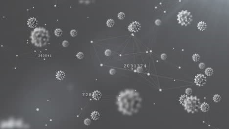 Animation-Von-Covid-19-Zellen,-Die-über-Einem-Netzwerk-Von-Verbindungen-Auf-Grauem-Hintergrund-Schweben
