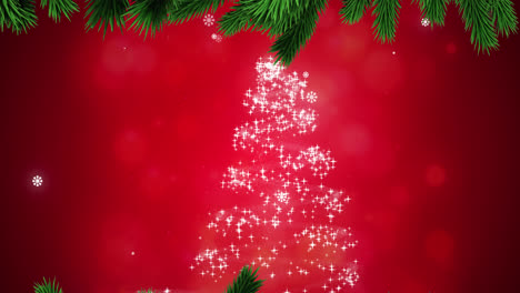 Animation-of-christmas-tree-and-fir-tree-branch-with-snow-falling-on-red-background