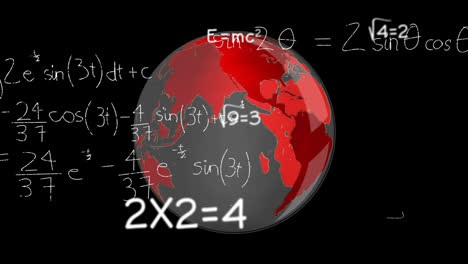 Animation-Eines-Rotierenden-Globus-Und-Mathematischer-Formeln,-Die-Auf-Schwarzem-Hintergrund-Schweben