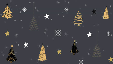 Animation-of-christmas-trees-and-stars-decorations-hanging-with-snow-falling-on-grey-background