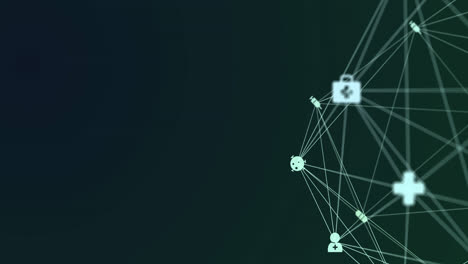 Animation-of-digital-interface-and-globe-of-network-of-connections-with-white-icons-turning-on-green