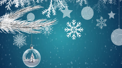 Digital-animation-of-snow-falling-over-christmas-decorations-hanging-against-blue-background