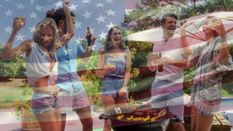 Group-of-friends-having-a-picnic-and-an-American-flag-for-fourth-of-July.