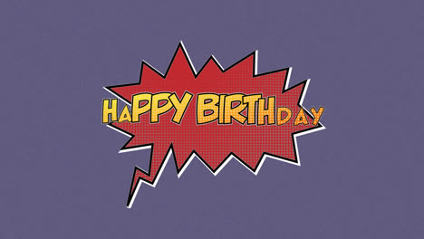Happy-birthday,-boom-and-zap-text-on-speech-bubble-against-purple-background
