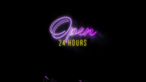 24-Stunden-Geöffnet-Mit-Violetten-Spuren-Auf-Schwarzem-Hintergrund
