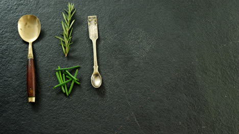 Two-metal-spoons-with-chives-and-rosemary-4k