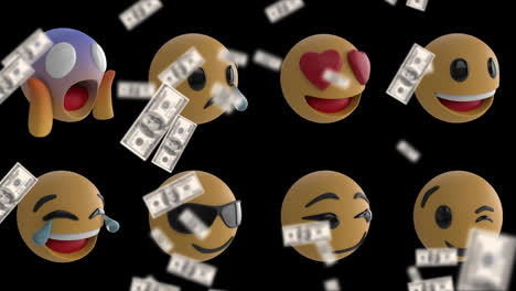 Animation-Von-Amerikanischen-Dollarscheinen,-Die-über-Emojis-Auf-Schwarzem-Hintergrund-Fallen