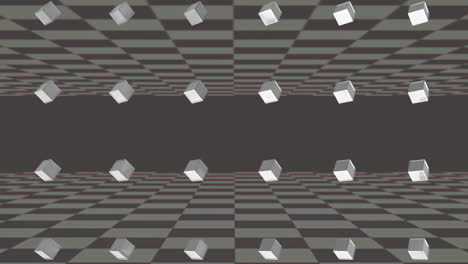 Reihen-Rotierender-Weißer-Würfel-Mit-Schwarz-grauem-Schachbrettmuster,-Die-Sich-Oben-Und-Unten-Bewegen