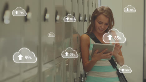Animation-Von-Weißen-Wolken-Mit-Prozentanstieg-Auf-Einhundert-über-Einer-Studentin,-Die-Ein-Digitales-Tablet-Verwendet