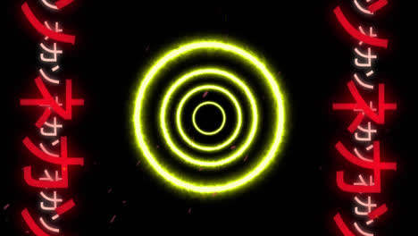 Colourful-concentric-neon-circles-and-asian-script-moving-on-black-background
