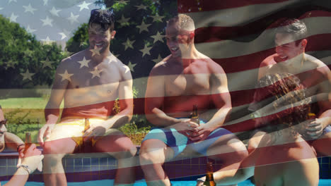 Group-of-friends-in-a-pool-and-the-American-flag-for-fourth-of-July