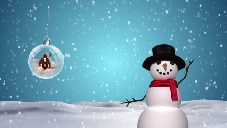 Digital-animation-of-snow-falling-over-house-in-glass-ball-hanging-and-male-snowman