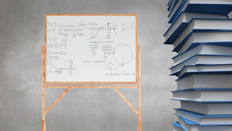 Pile-of-books-and-mathematical-equations-and-graphs-written-in-a-white-board