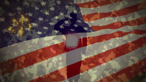 Feuerwerk-Und-Soldatenfigur-Gegen-Wehende-US-Flagge