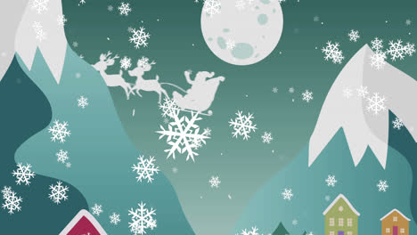 Digital-animation-of-snowflakes-falling-over-santa-claus-in-sleigh-being-pulled-by-reindeers