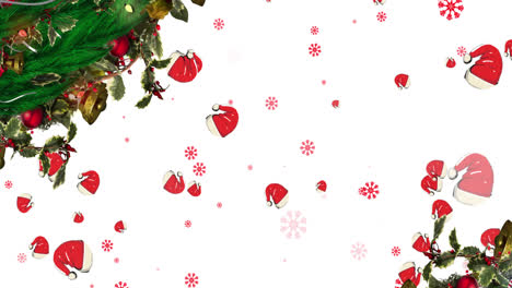 Digitale-Animation-Einer-Weihnachtskranzdekoration-über-Mehreren-Weihnachtsmützen-Und-Fallenden-Schneeflocken