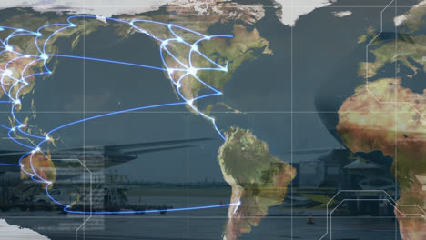 Animation-of-data-processing-and-network-of-connections-on-world-map-and-airport