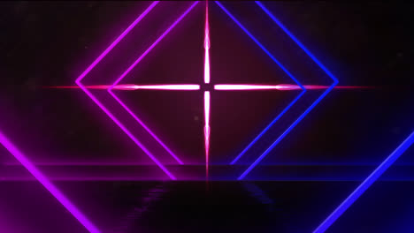 Animation-Eines-Tunnels-Aus-Neonleuchtenden,-Hellen-Geometrischen-Diamanten-Mit-Leuchtendem-Kreuz-Im-Hintergrund