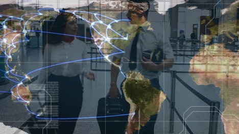 Animation-of-data-processing-and-network-of-travel-connections-on-world-map,-cabin-crew-in-airport