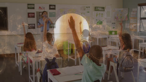 Animation-of-revolving-human-skull-with-teacher-and-children-in-classroom-wearing-face-masks