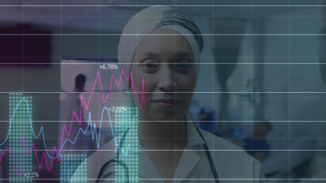 Statistical-data-processing-against-female-doctor-smiling-in-hospital