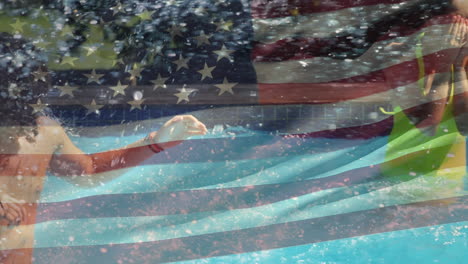 Gruppe-Von-Freunden-In-Einem-Pool-Und-Die-Amerikanische-Flagge-Für-Den-4.-Juli
