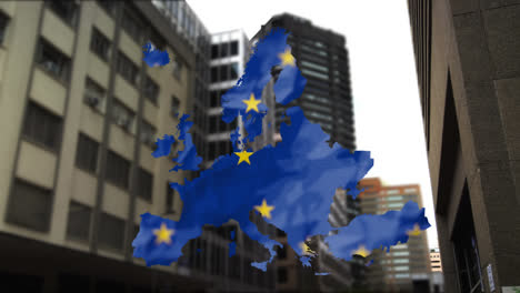 EU-flag-over-EU-map-against-tall-buildings-