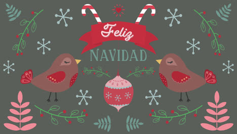 Animation-of-Feliz-Navidad-words-with-birds-on-Christmas-decorations-background