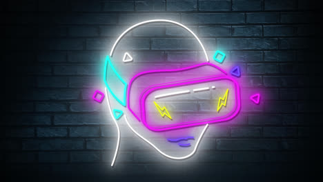 Animation-Eines-Neonfarbenen-Virtual-Reality-Headsets-Im-Retro-Look,-Das-Auf-Schwarzem-Backsteinhintergrund-Flackert