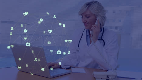 Digital-composite-video-of-network-of-connection-with-interface-medical-icons-against-female-doctor-