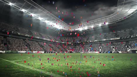 Animation-of-multi-coloured-confetti-falling-over-empty-sports-stadium