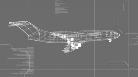 Animation-of-data-processing-and-3d-model-of-airplane-spinning-on-grey-background