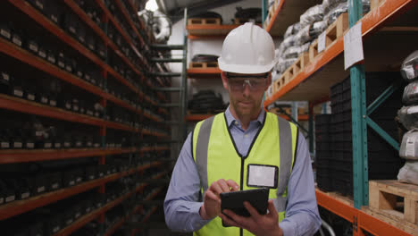 Caucasian-male-factory-worker-at-a-factory-wearing-a-high-vis-vest-using-a-tablet-computer