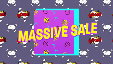 Massiver-Verkaufstext-über-Boom-Text-Auf-Sprechblasen-Vor-Violettem-Hintergrund