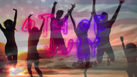 4th-of-July-text-with-flag-and-silhouette-of-people-jumping-by-the-beach-
