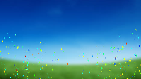 Animation-of-multi-coloured-confetti-falling-over-blue-sky-and-grass