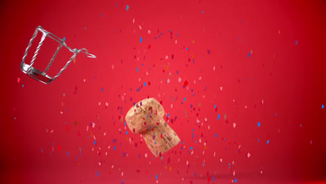 Animation-of-multi-coloured-confetti-falling-against-champagne-cork