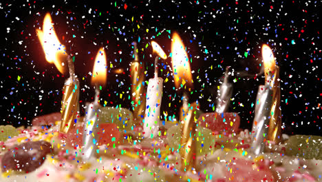 Animation-of-multi-coloured-confetti-falling-over-birthday-cake-with-candles