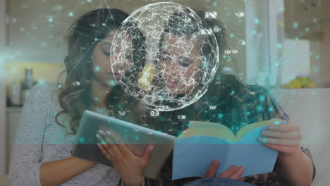 Animation-of-connections-and-data-processing-over-two-female-students-reading-books-learning-from-ho
