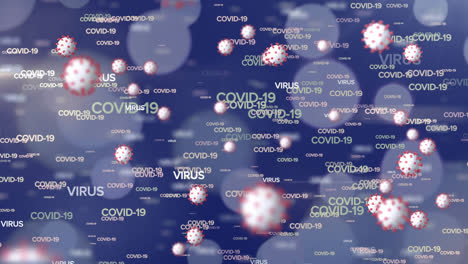 Animation-of-covid-19-text-and-cells-floating-over-blue-spots-of-light-on-blue-background