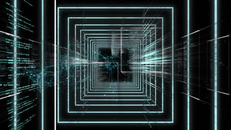 Animation-of-squares-moving-in-tunnel-with-information-scrolling-and-floating-on-black-background