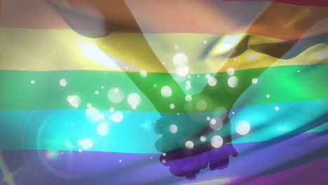 Animation-of-rainbow-flag-waving-over-couple-holding-hands-and-white-flickering-spots