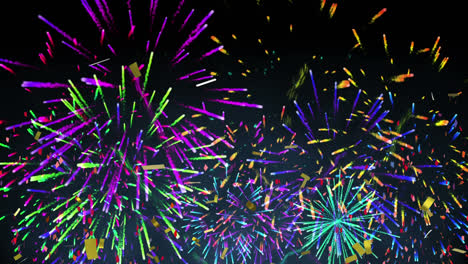 Animation-of-multi-coloured-confetti-and-fireworks-exploding-on-black