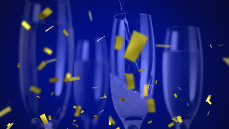 Animation-of-gold-confetti-falling-over-champagne-flutes-on-blue