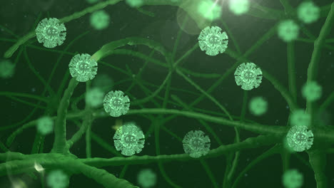 Animation-Mehrerer-Flackernder-Covid-19-Zellen-Mit-Einem-Netzwerk-Aus-Neuronen-Auf-Grünem-Hintergrund