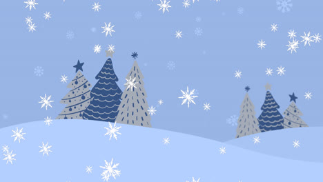 Digitale-Animation-Von-Schneeflocken,-Die-über-Mehrere-Weihnachtsbäume-In-Einer-Winterlandschaft-Fallen