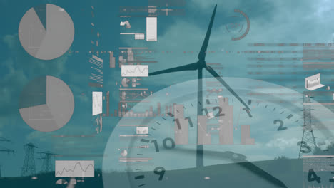 Animation-of-wind-turbine-turning,-clock-moving-and-stock-exchange-graph-