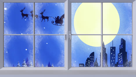 Digital-animation-of-window-frame-against-silhouette-of-santa-claus-in-sleigh